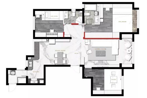 138平的现代简约风三居室, 黑白灰的客餐厅好帅气!