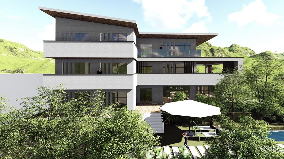 侧面条窗与远处山林带来极致视觉享受, 浙江现代别墅简约大方您喜欢吗?