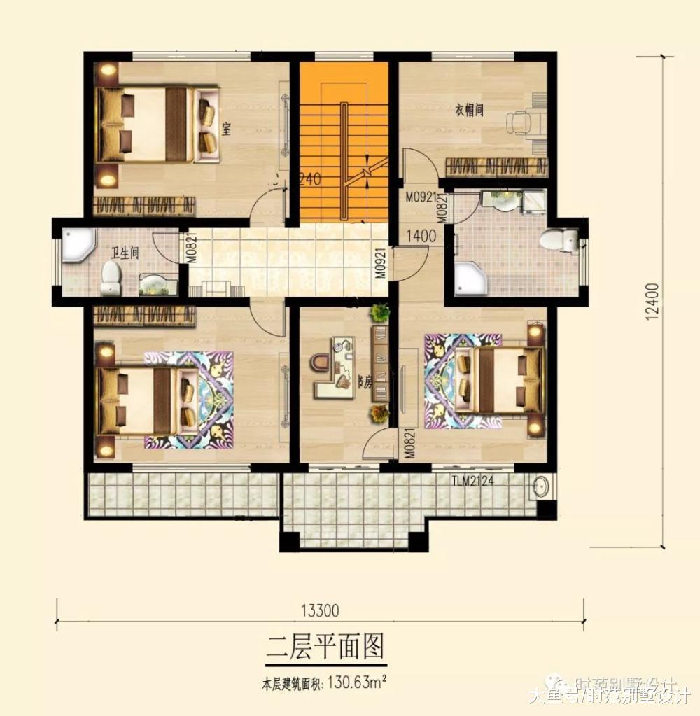 12x13米三层新中式农村别墅, 美观稳重, 7室2厅适合自建