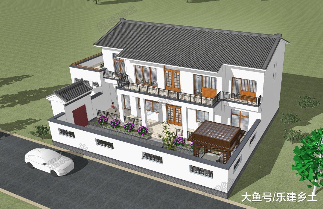 二层中式宅院设计, 院外建车库, 与室内相连, 非常实用