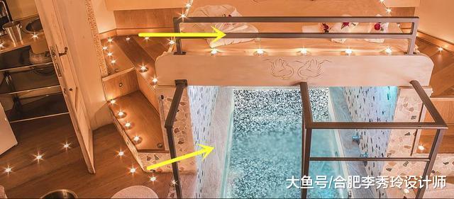头次见上床下浴缸的设计, 时尚新颖, 好怕一不小心掉下去! 不敢睡