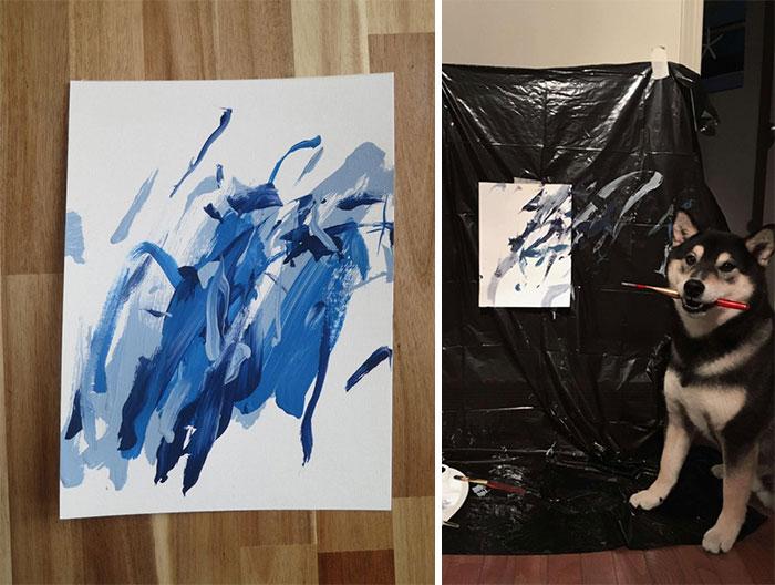 二哈与柴犬的结合, 叼笔作画, 当日销售额达3.5万元!