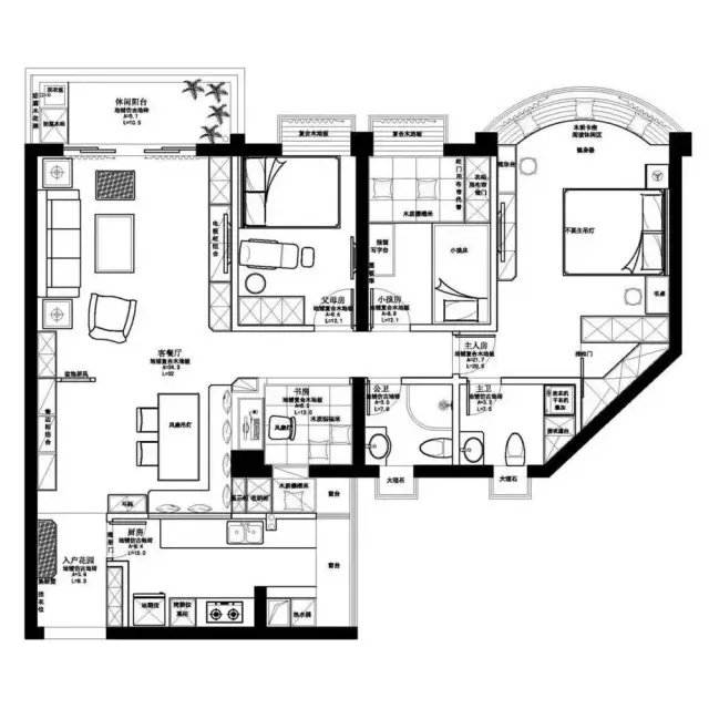 135㎡北欧风五口之家, 喜欢主卧里面的弧形落地窗~