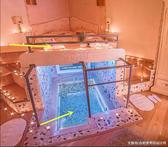 头次见上床下浴缸的设计, 时尚新颖, 好怕一不小心掉下去! 不敢睡
