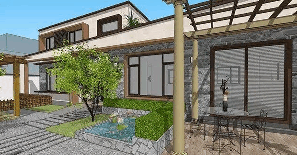 气场两米八! 平顶现代风别墅, 简约不简单, 大菜园大庭院观景池葡萄架, 太接地气