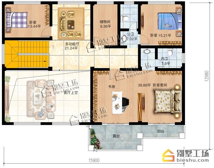 15.9x12.9二层简欧农村别墅, 复式客厅大落地窗