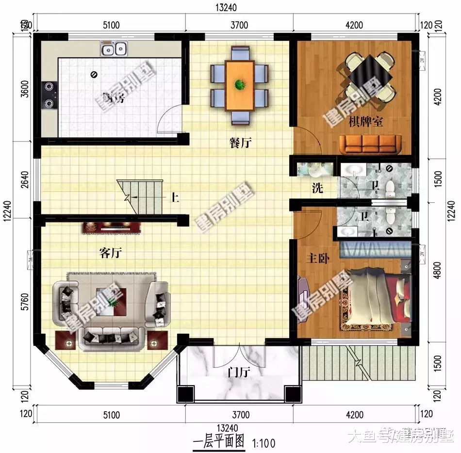 13.2×12.1米农村别墅, 带架空层做车库, 大气又实用