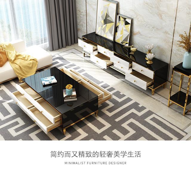 现代简约茶几电视柜组合, 客厅轻奢不锈钢金属电视柜地柜!