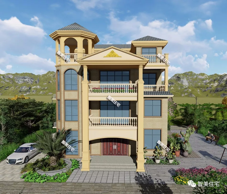 带露台凉亭的四层农村别墅，内配8个卧室，休闲空间多