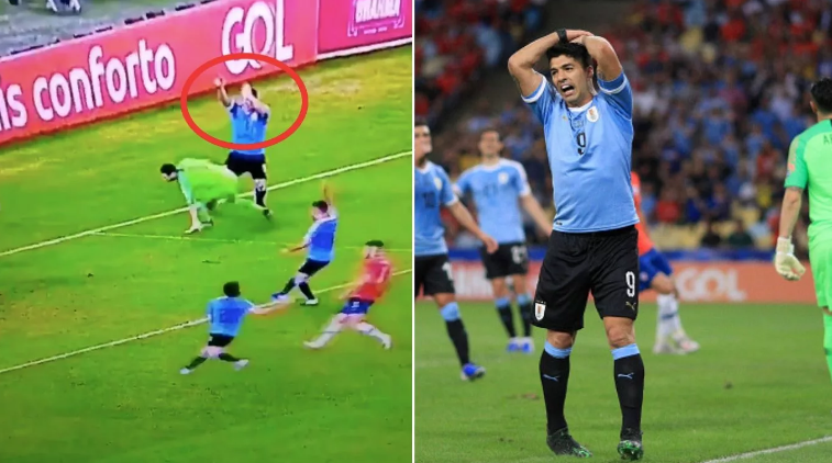 非常囧，美洲杯比赛中苏亚雷斯示意裁判对方门将禁区内手球犯规