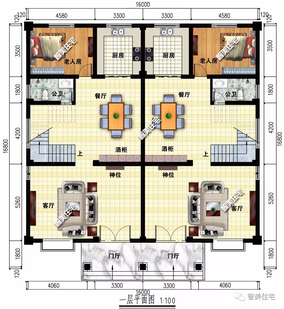 面宽16米左右的两栋双拼别墅，第一栋共大门，第二栋太豪气