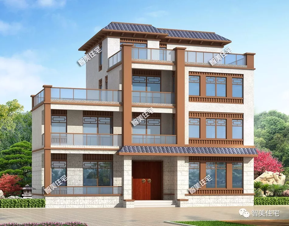 6栋平屋顶设计的四层别墅，包含中式、现代和欧式风格