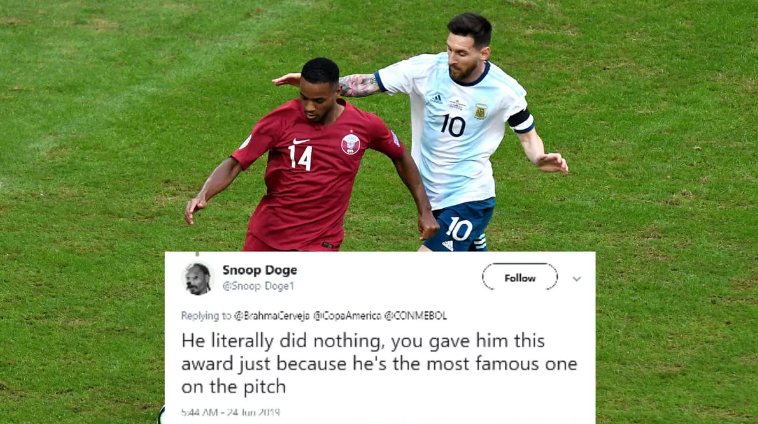 在美洲杯对阵卡塔尔的比赛中，梅西表现不佳却获得“最佳球员”奖