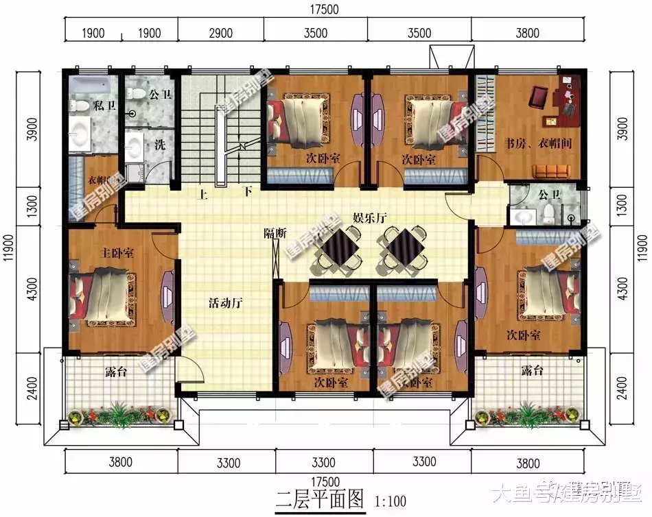 宽17米左右的两层自建房，卧室设计都不少，漂亮又方便