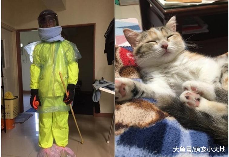 帮猫洗澡他全副武装, 全身包得密不透风, 让网友笑喷