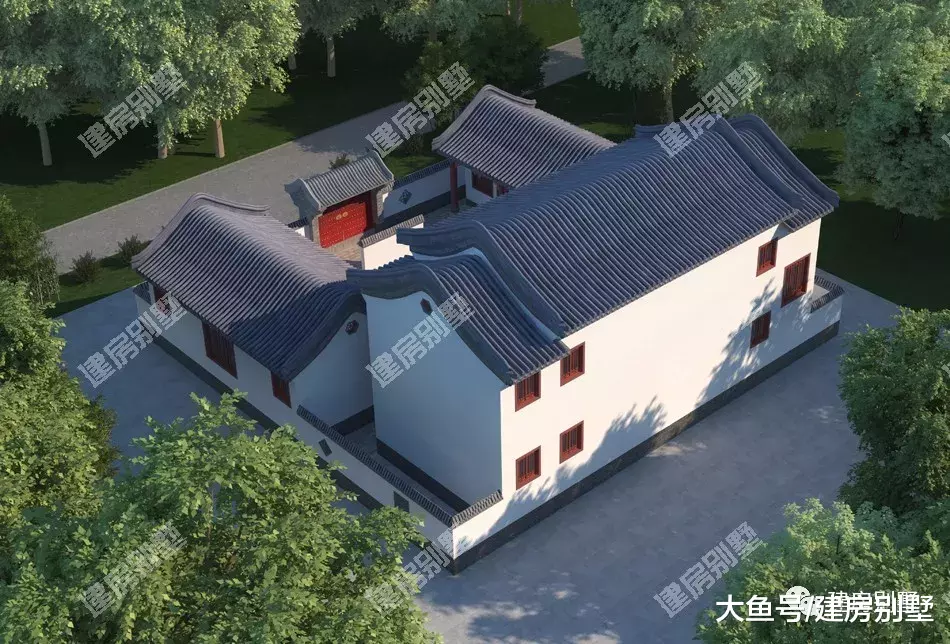 两栋中式风格的合院别墅，白墙黛瓦马头墙，是此生挚爱没错