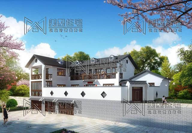 23.5x13.7米的两层中式别墅，带露台庭院，主体造价40万