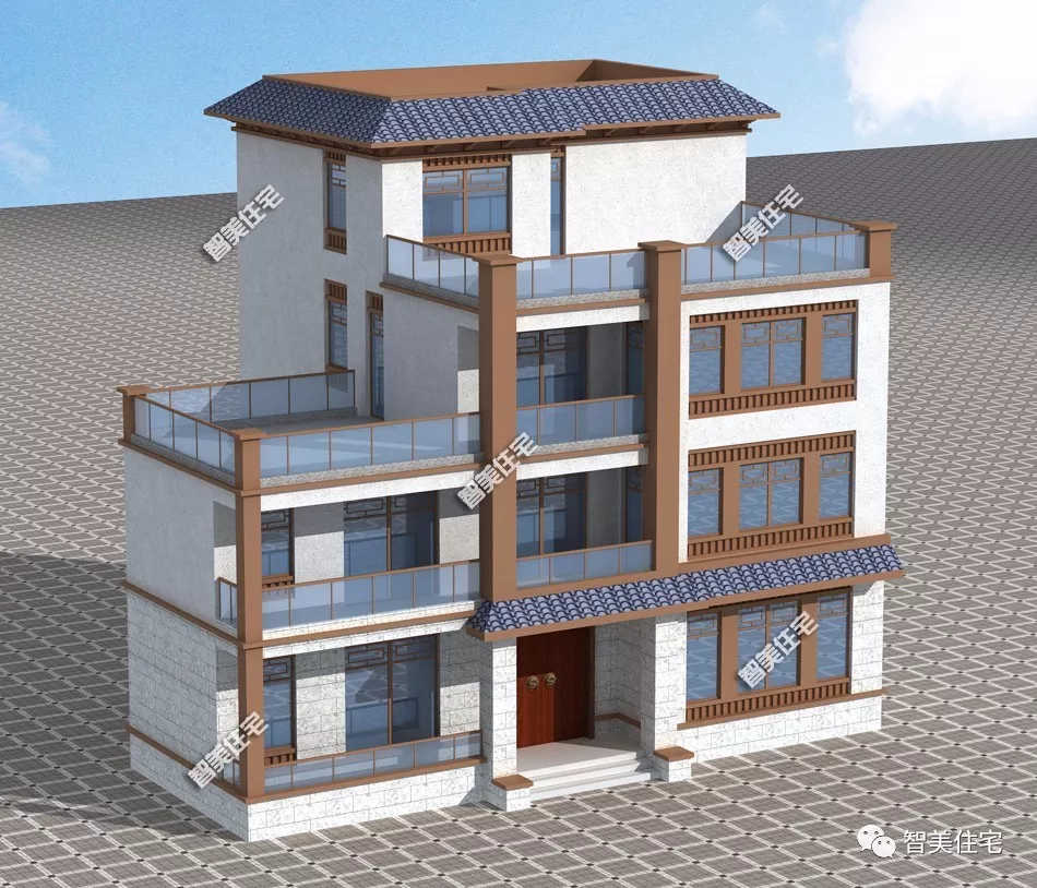 6栋平屋顶设计的四层别墅，包含中式、现代和欧式风格