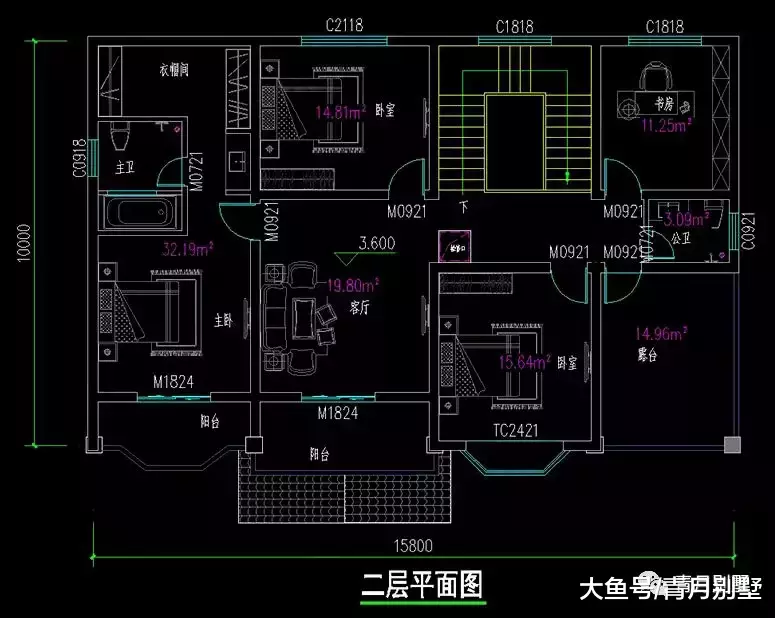15.8米×10米二层精致小别墅, 带堂屋4卧室飘窗大露台