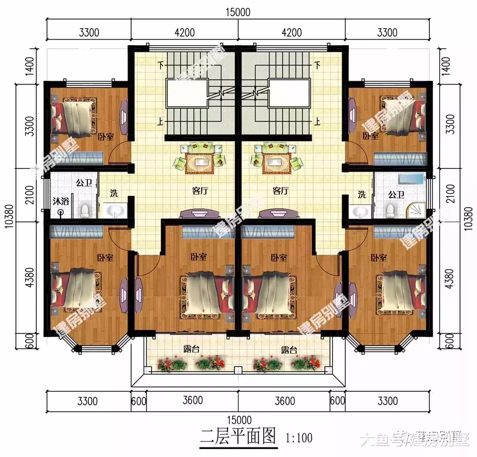 面宽相近的两栋农村双拼别墅, 兄弟一块建房, 热闹情意长