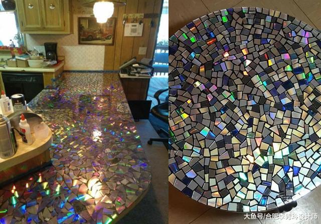 厨房不铺石英石，捡100张旧CD光碟，通通剪碎铺台面上，实用好看！