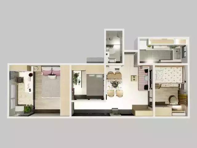 55平的小户型，居然还能挤出三间房，客餐厅放一起效果不错！