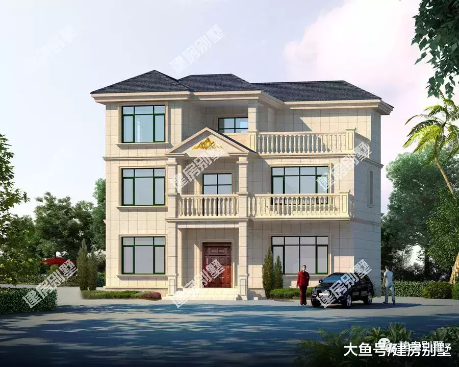 面寬相同的兩棟歐式農村別墅，第一棟很大氣，第二棟稍微簡單