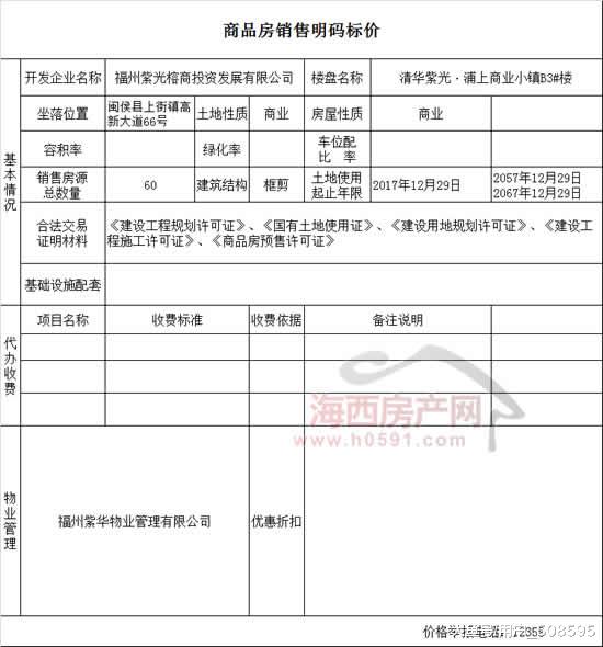 紫光浦上商业小镇4栋SOHO+1栋商业明码销售价格表公布