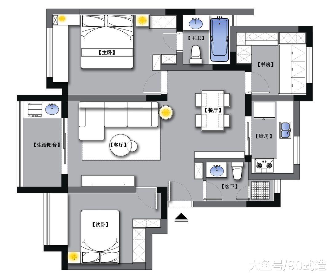 89㎡三室，蓝色情调，极具异域美感