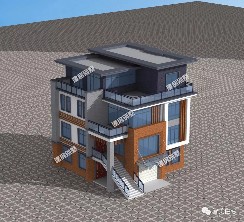 6栋平屋顶设计的四层别墅，包含中式、现代和欧式风格