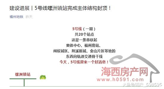 福州地铁5号线螺洲镇站完成主体结构封顶（附沿线楼盘）