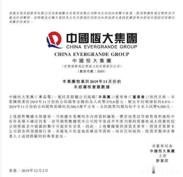 恒大前11月销售5805.4亿，全年6000亿目标已完成97%