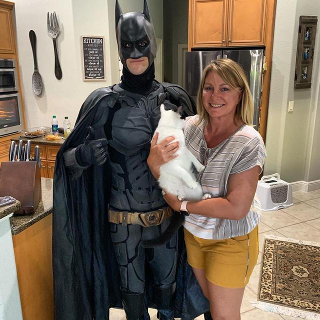 扮成蝙蝠侠救助猫狗，他是猫狗的大英雄，长什么样子并不重要