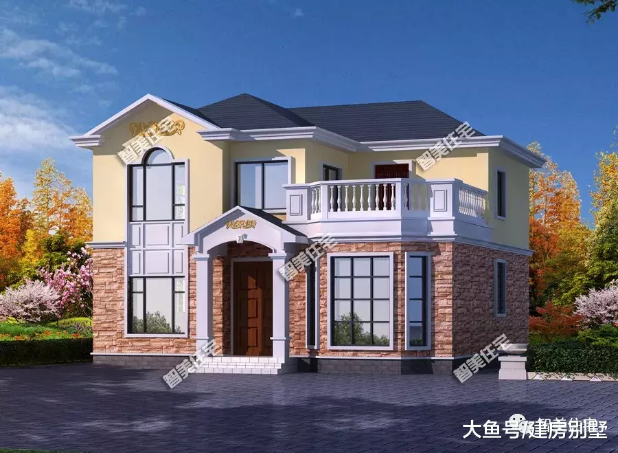 2栋面宽11-12米间的两层别墅，均配多边形窗，造型好采光佳