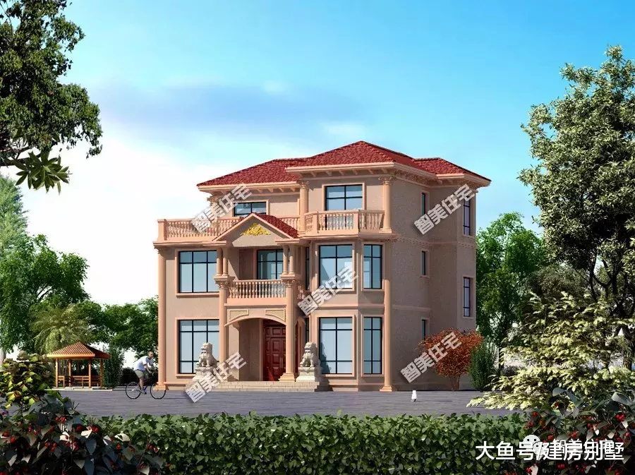 面宽12米的两栋农村别墅，第一栋红的喜庆，第二栋30万