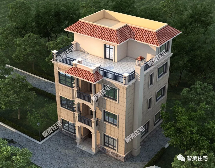 6栋平屋顶设计的四层别墅，包含中式、现代和欧式风格