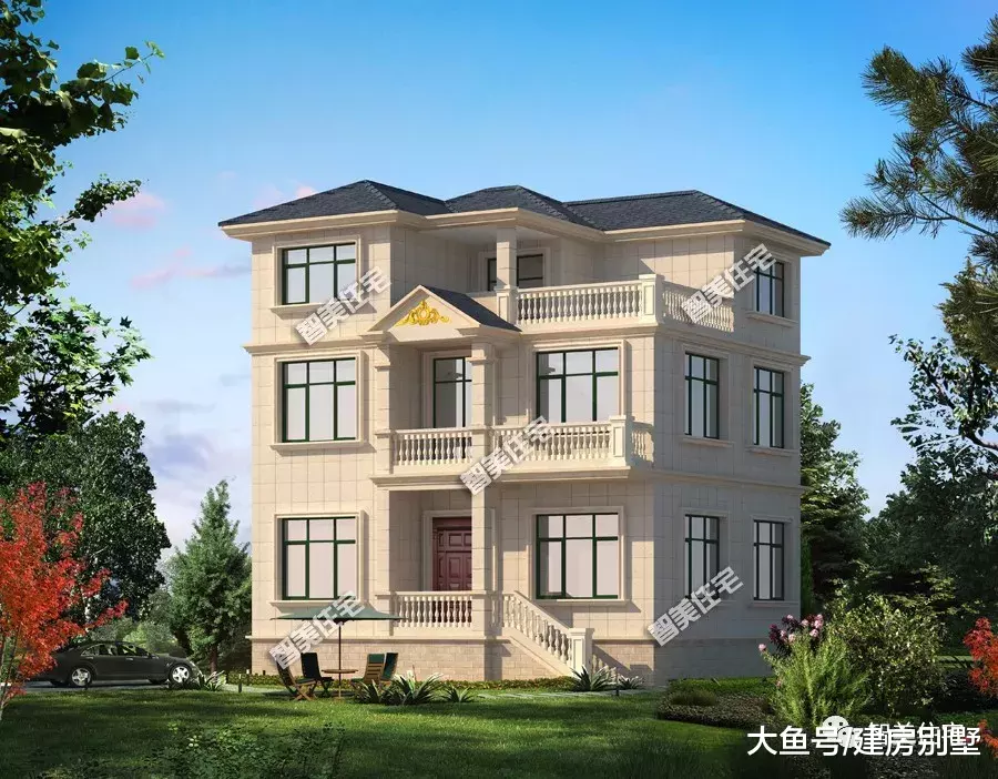 两栋宽10米多的农村别墅，客厅挑空配弧形楼梯，欧式风格很抢手