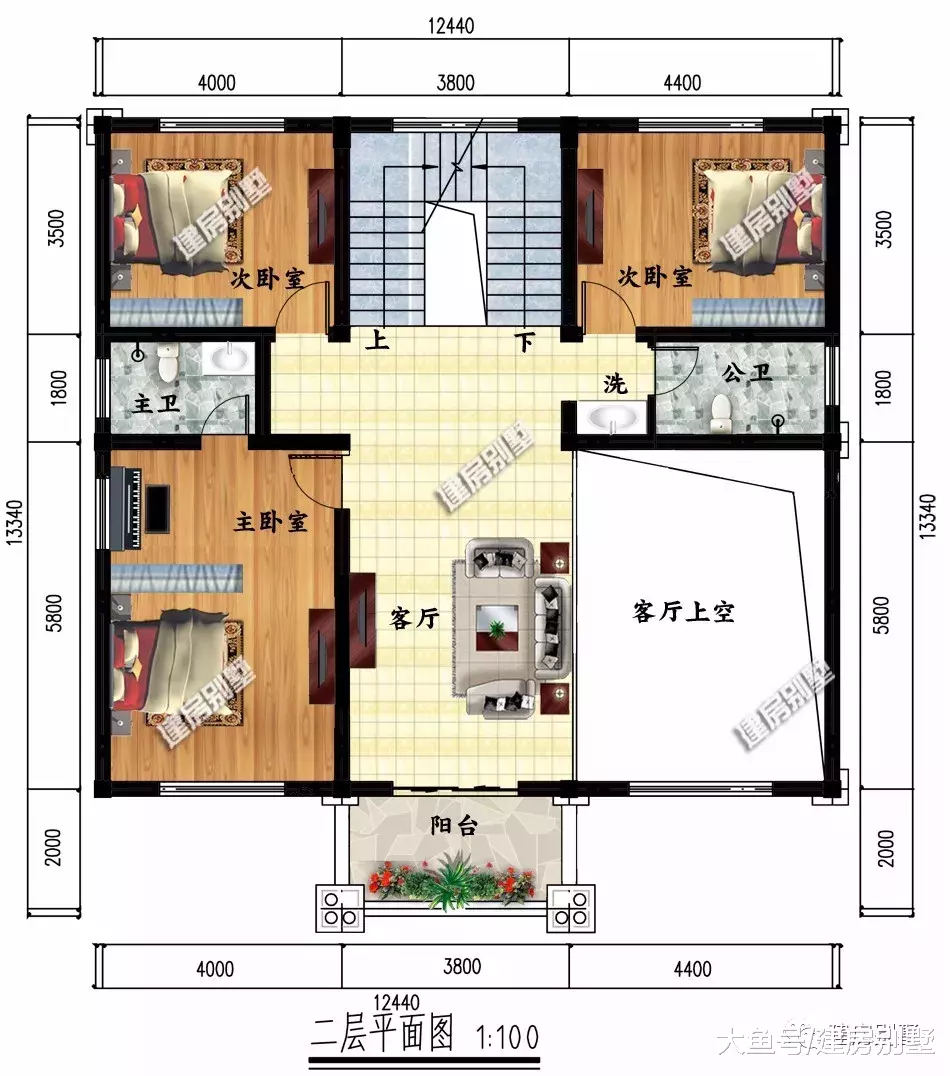 12.4×13.4米农村别墅，客厅挑空设计，主体造价35万