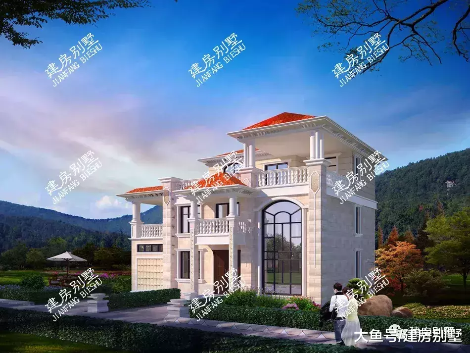 面宽接近的两栋三层别墅户型，第二栋配车库，造型很有层次感