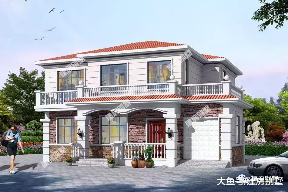 面寬相近的兩棟農村自建房，第一棟帶車庫，第二棟3落地窗設計