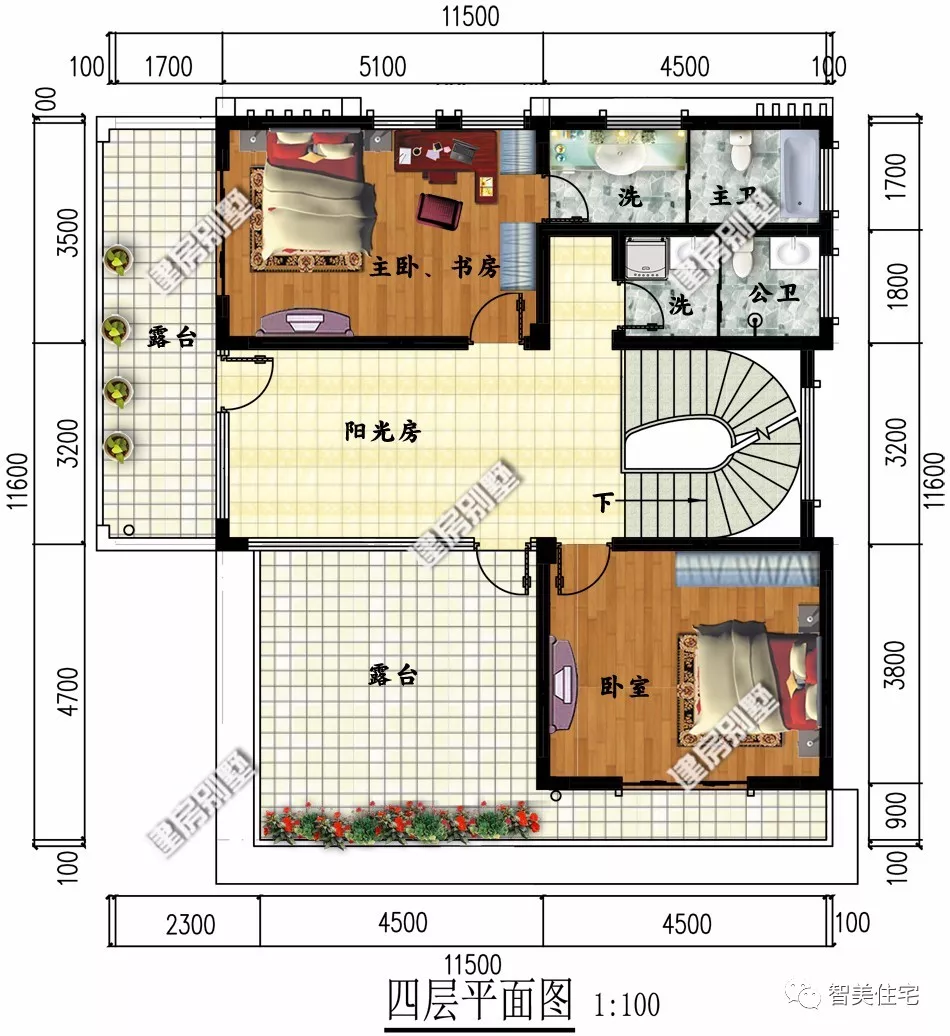 6栋平屋顶设计的四层别墅，包含中式、现代和欧式风格