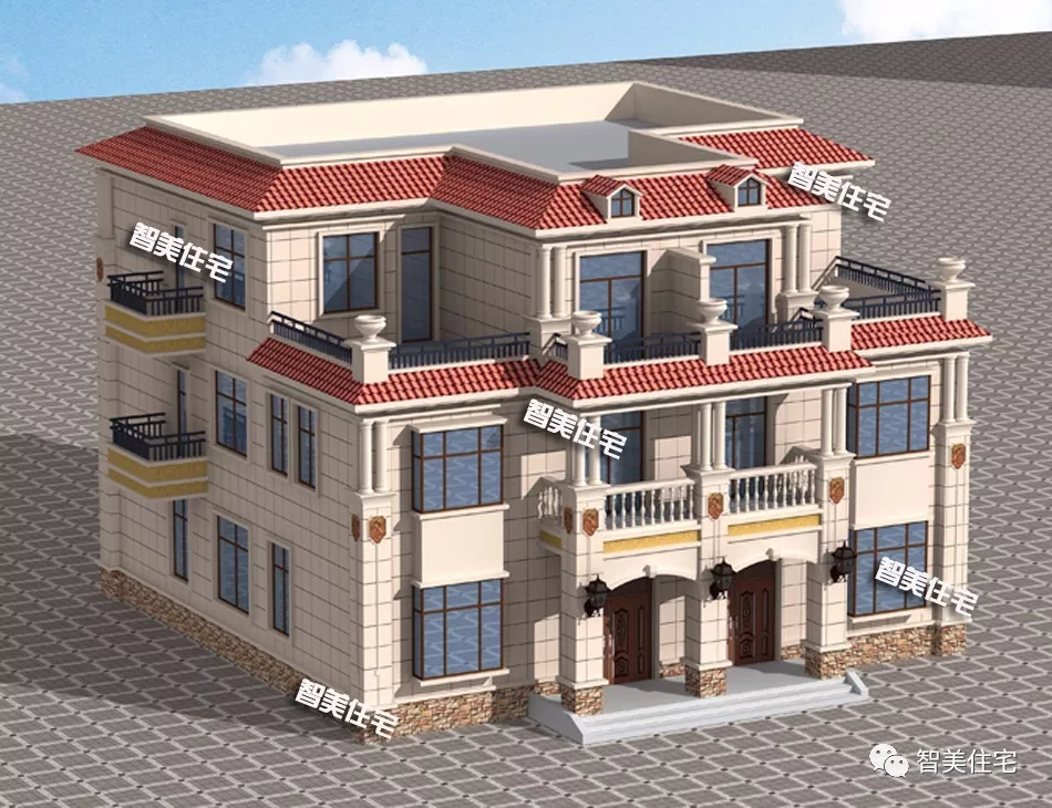 4栋平屋顶设计的双拼别墅，南北方风格都有，漂亮实用还省钱