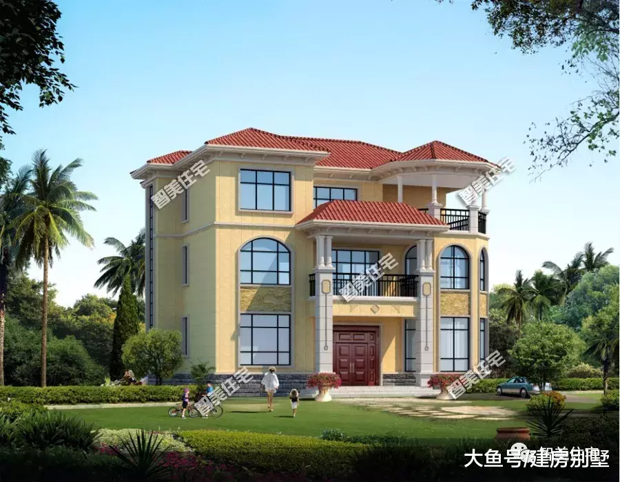 两栋外观很鲜亮的农村别墅，第二栋在湖南建了很多，有堂屋和凉亭