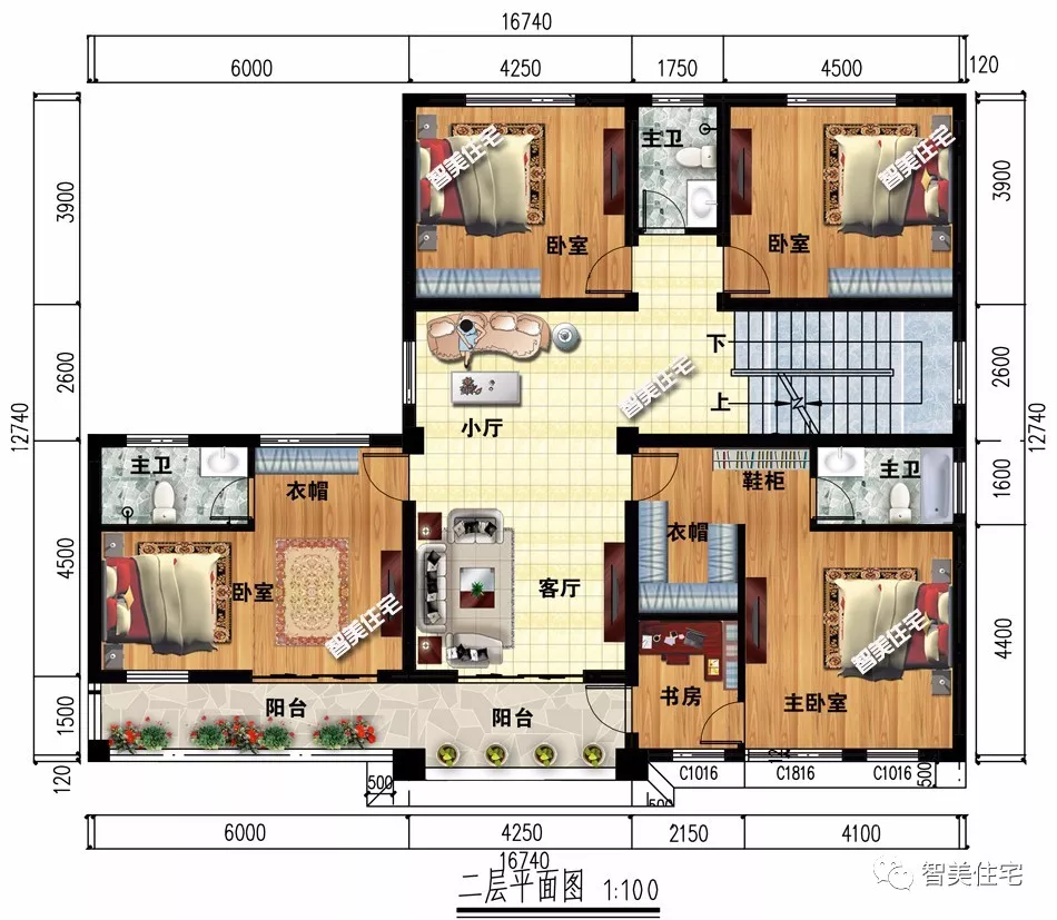 6栋平屋顶设计的四层别墅，包含中式、现代和欧式风格