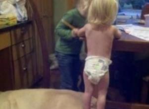 小主人想开冰箱偷吃, 狗子趴下给小主人当垫脚石, 太灵性了