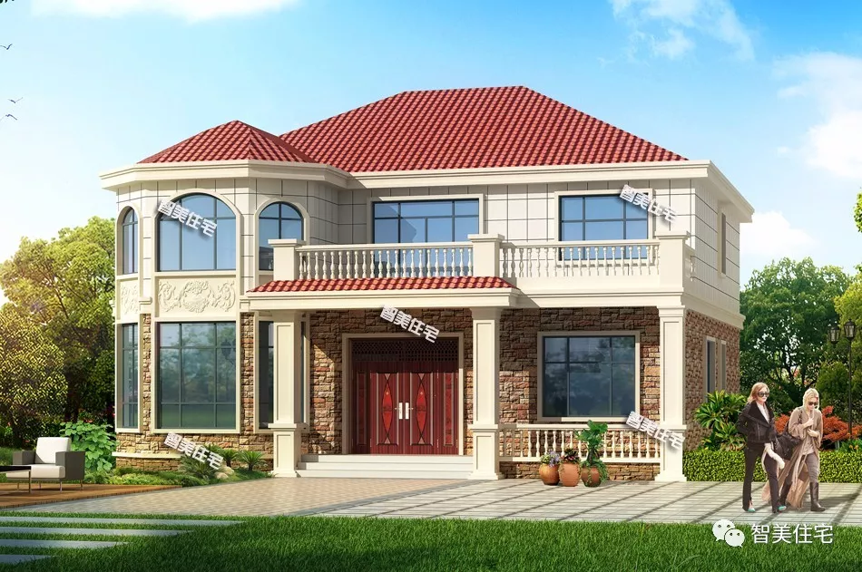 14.2×12.8米二层别墅，宅基地大就是任性，款式很时髦！