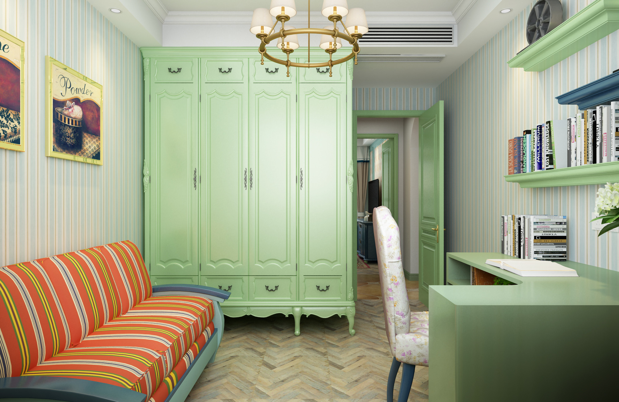 美式田园风二居室装修效果图，五彩缤纷的色调充满着生活的甜蜜