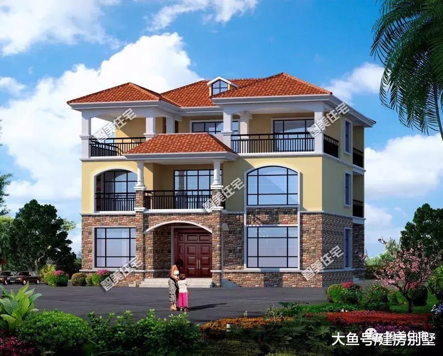 两栋外观很鲜亮的农村别墅，第二栋在湖南建了很多，有堂屋和凉亭