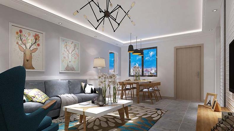 北欧风客厅与餐厅，不做隔断，尽显宽敞