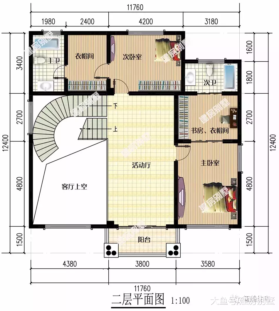 开间11-12米之间的两栋农村别墅，第一栋室内多个套房设计